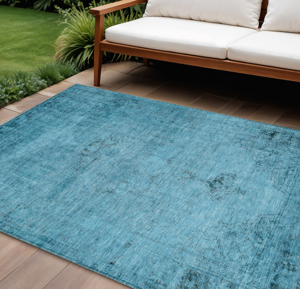 9' X 12' Denim Blue And Navy Blue Oriental Washable Indoor Outdoor Area Rug