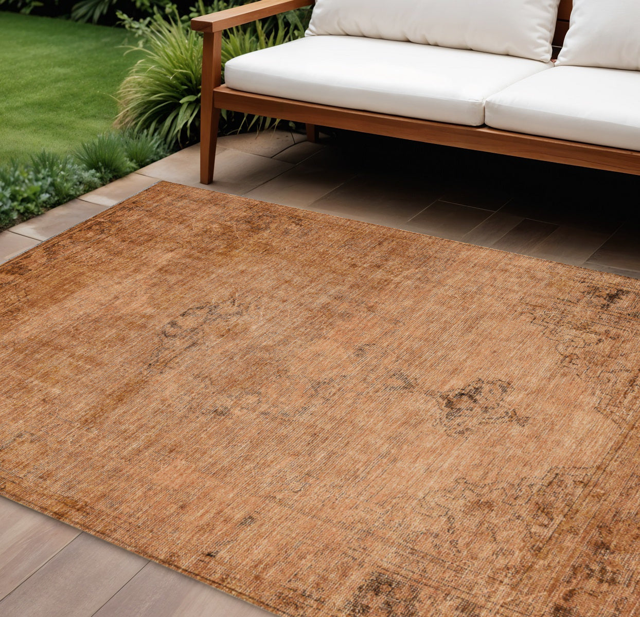 8' X 10' Copper Orange And Brown Oriental Washable Indoor Outdoor Area Rug