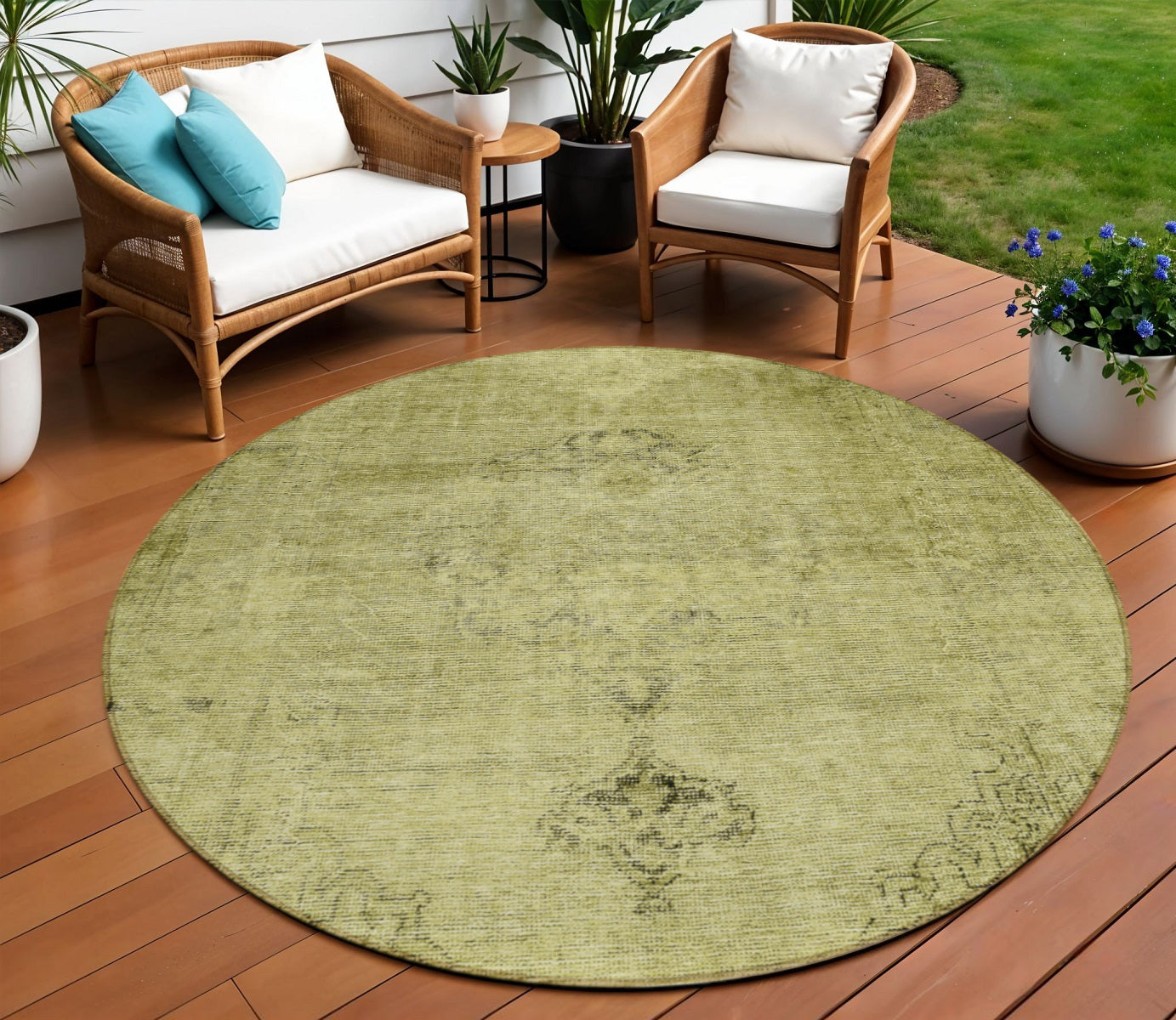 8' Khaki Brown And Taupe Round Oriental Washable Indoor Outdoor Area Rug
