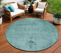 8' Teal Blue Turquoise And Charcoal Round Oriental Washable Indoor Outdoor Area Rug