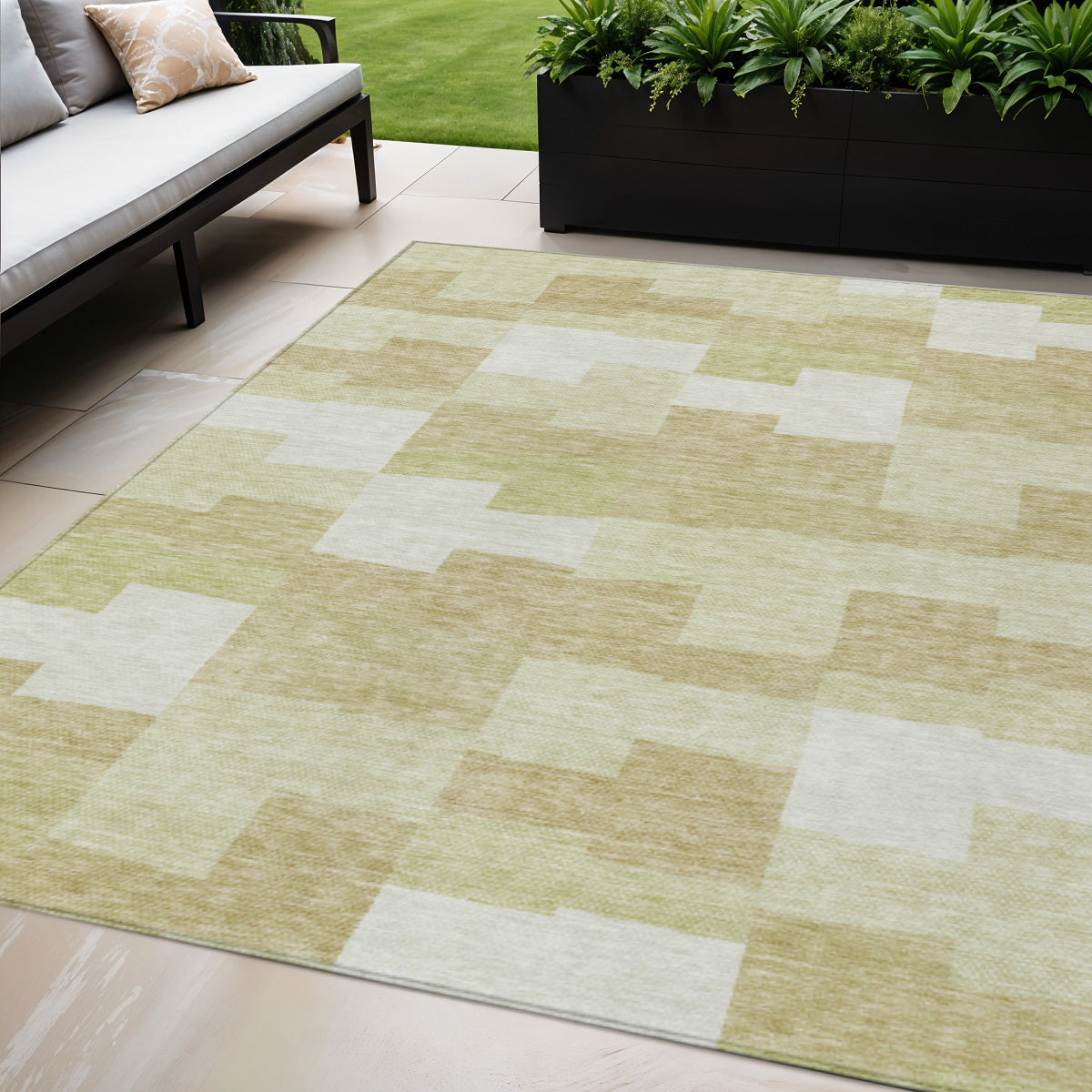 5' X 8' Beige Ivory And Brown Geometric Washable Indoor Outdoor Area Rug