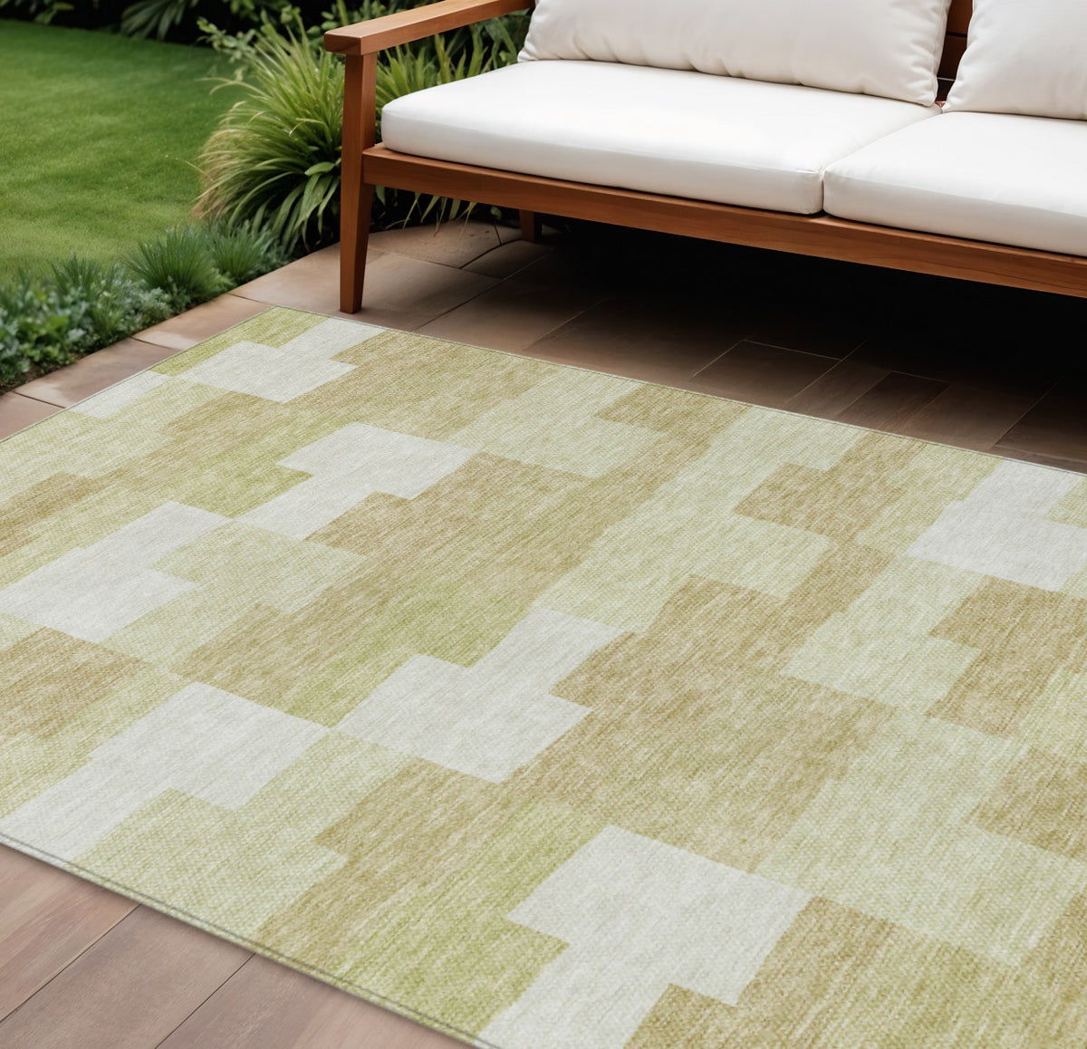 10' X 14' Beige Ivory And Brown Geometric Washable Indoor Outdoor Area Rug