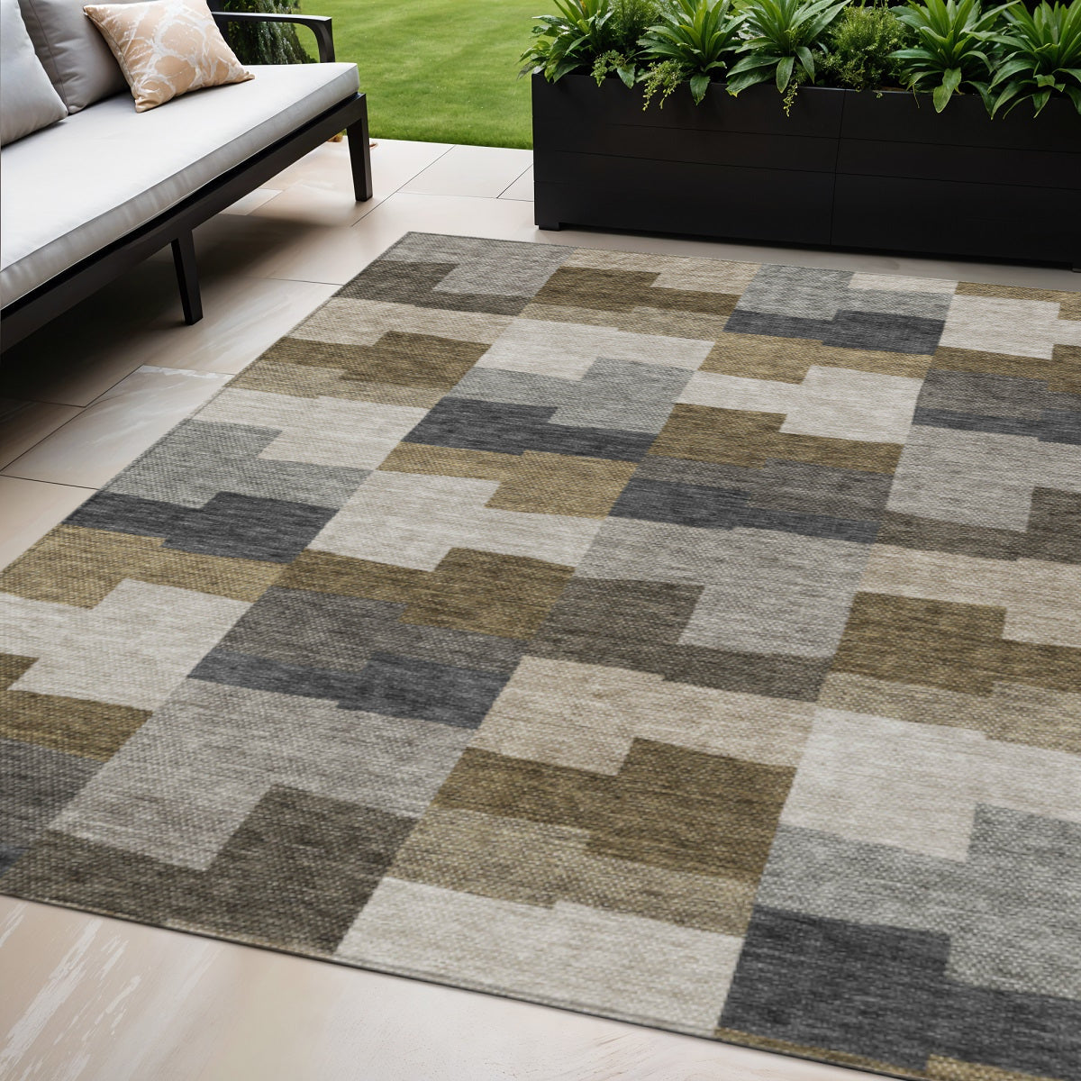 5' X 8' Brown Beige And Ivory Geometric Washable Indoor Outdoor Area Rug