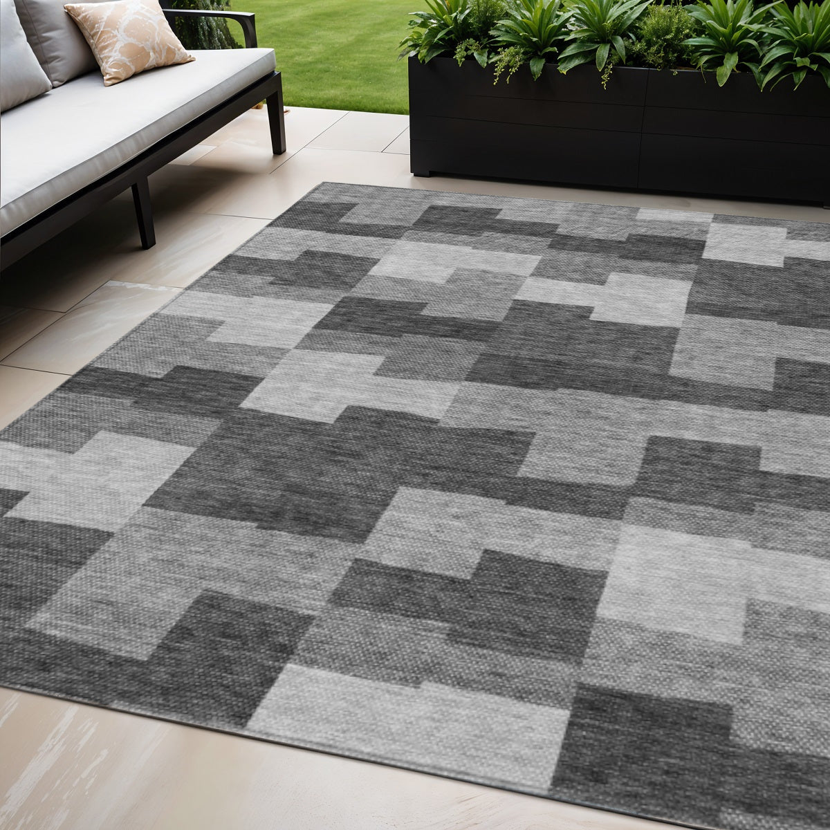 5' X 8' Gray Silver And Charcoal Geometric Washable Indoor Outdoor Area Rug