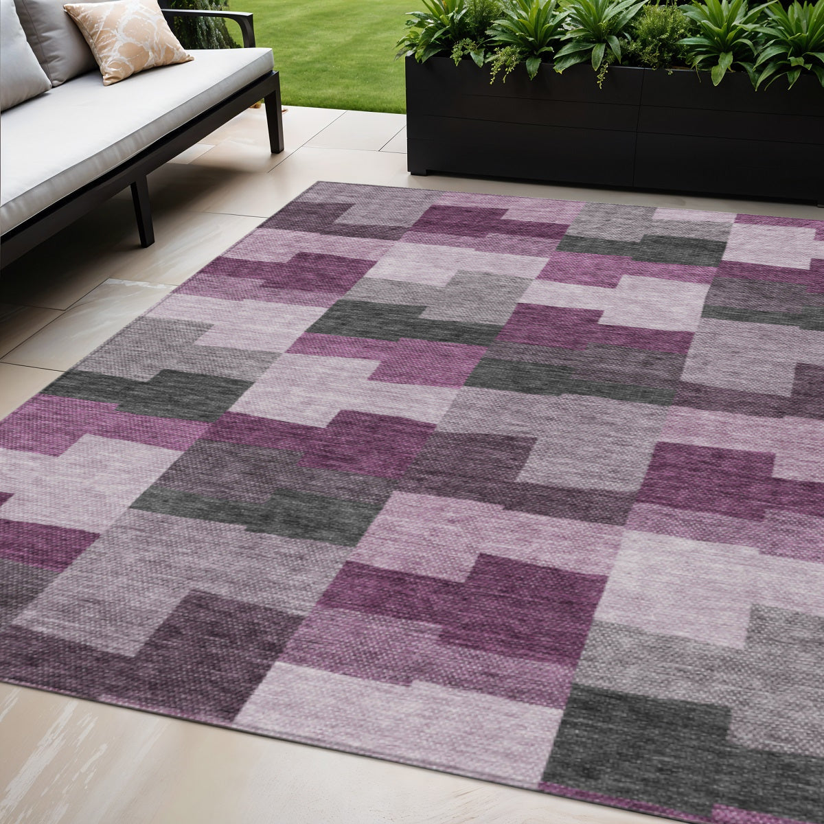 5' X 8' Merlot Mauve And Charcoal Geometric Washable Indoor Outdoor Area Rug