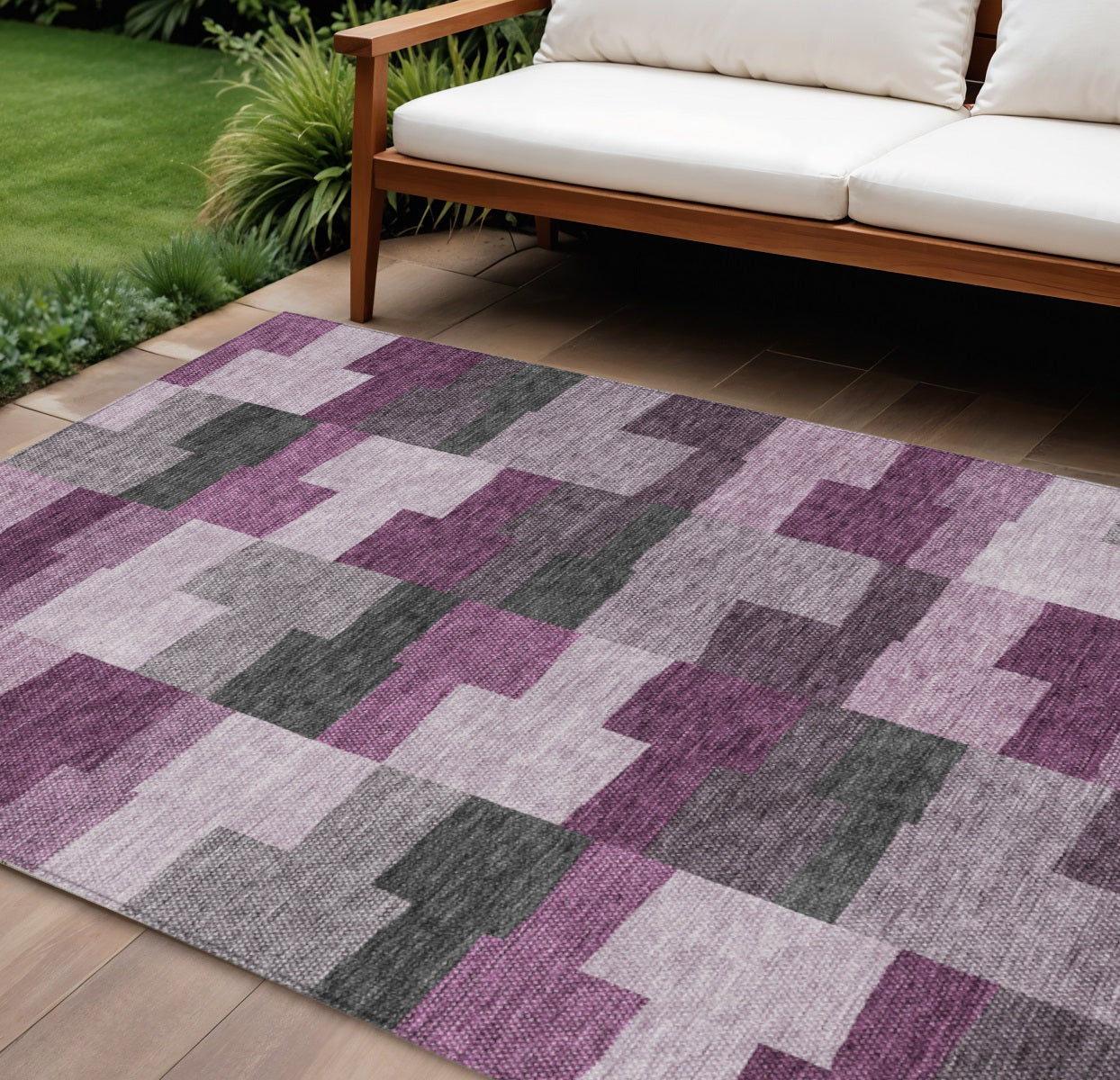 9' X 12' Merlot Mauve And Charcoal Geometric Washable Indoor Outdoor Area Rug