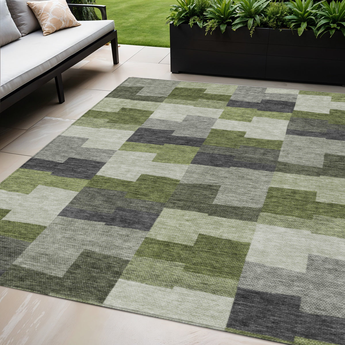 5' X 8' Olive Green And Artichoke Green Geometric Washable Indoor Outdoor Area Rug