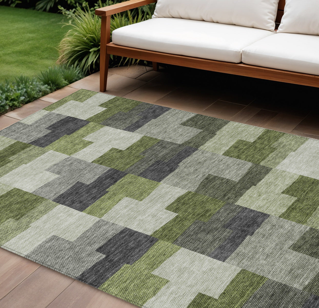 9' X 12' Olive Green And Artichoke Green Geometric Washable Indoor Outdoor Area Rug