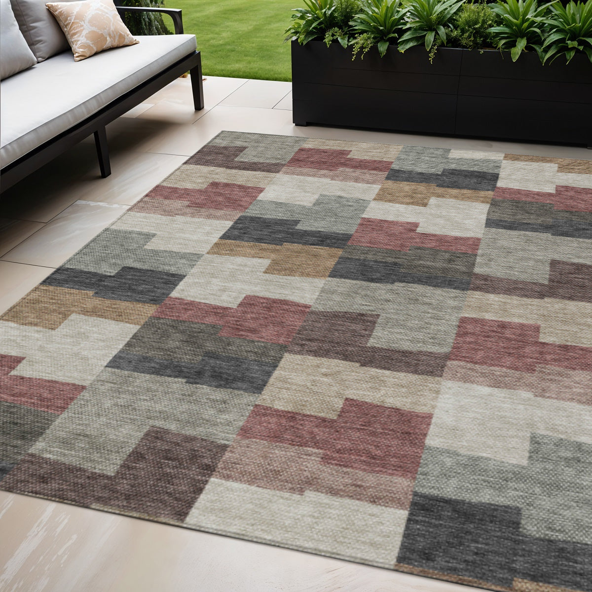 5' X 8' Orange Copper And Charcoal Geometric Washable Indoor Outdoor Area Rug
