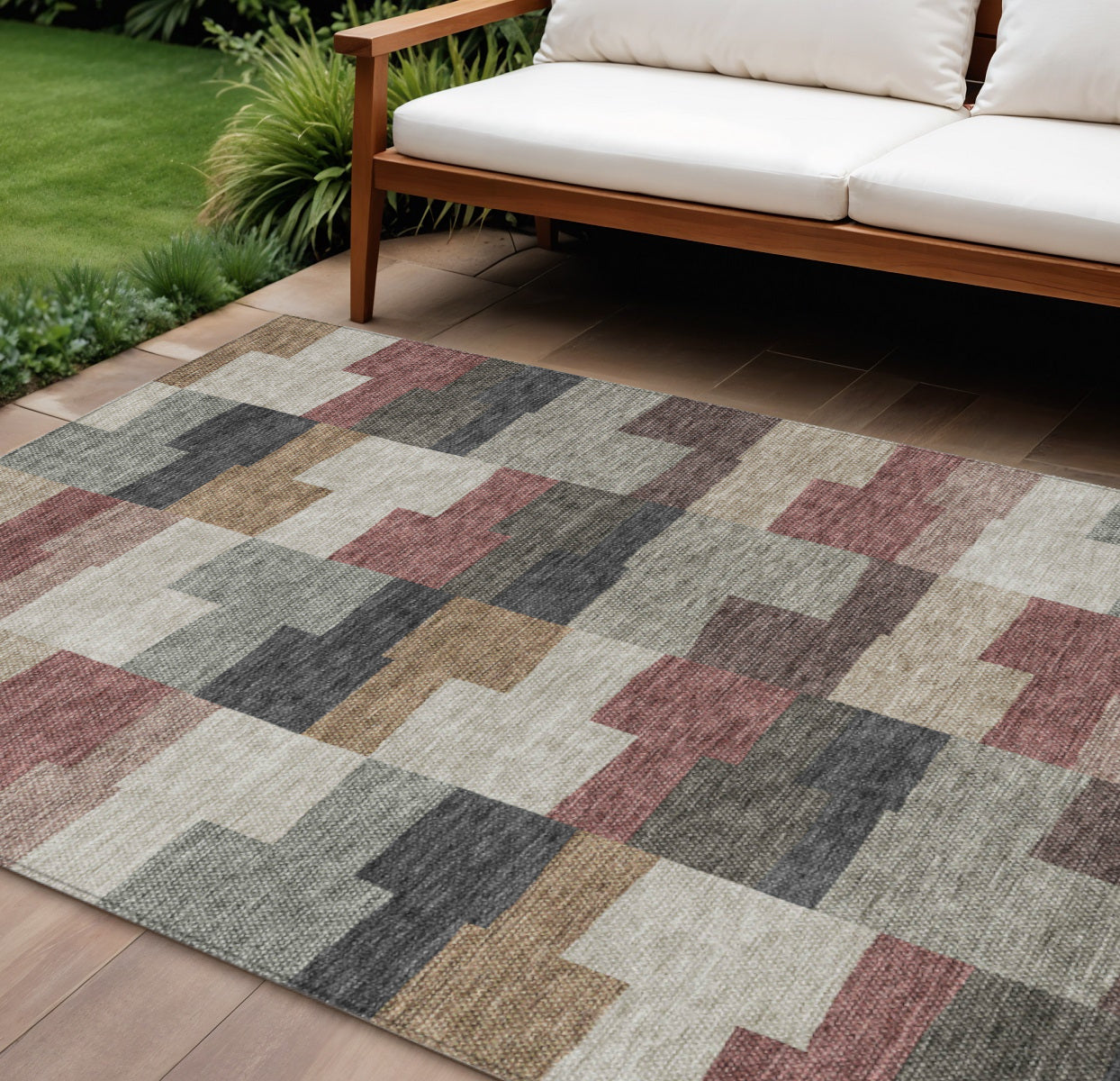 9' X 12' Orange Copper And Charcoal Geometric Washable Indoor Outdoor Area Rug
