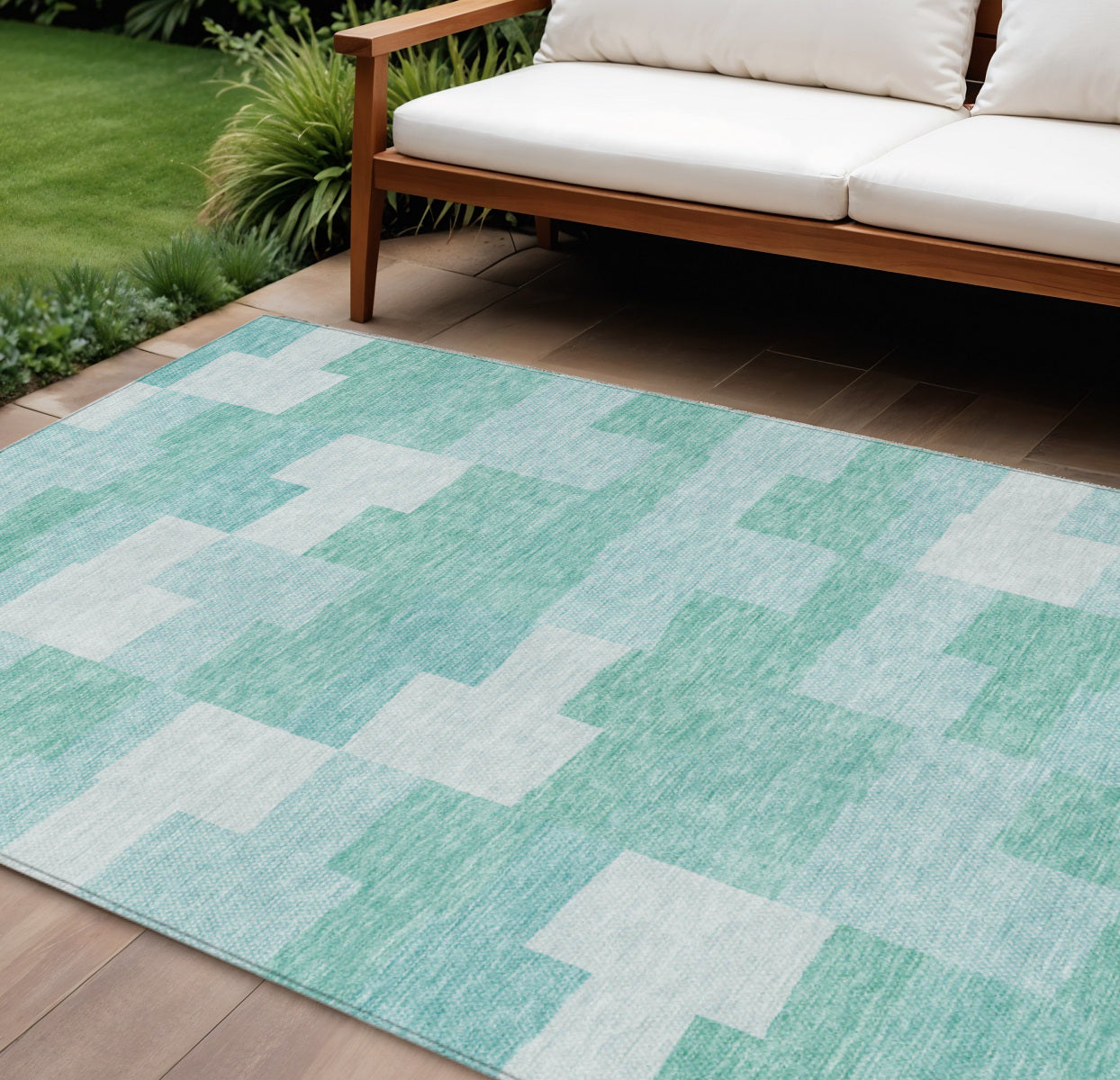 9' X 12' Teal Blue And Aqua Geometric Washable Indoor Outdoor Area Rug