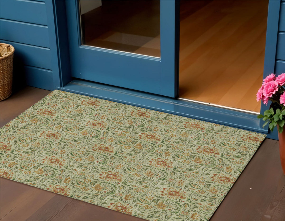3' X 5' Green Copper And Sage Floral Washable Indoor Outdoor Area Rug