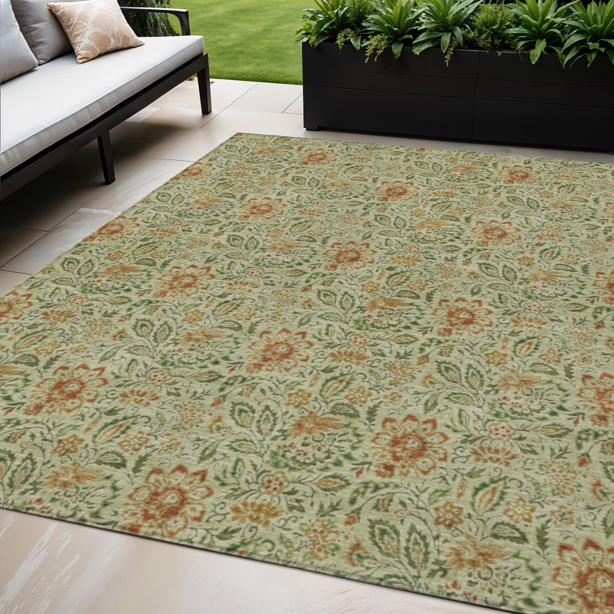 5' X 8' Green Copper And Sage Floral Washable Indoor Outdoor Area Rug