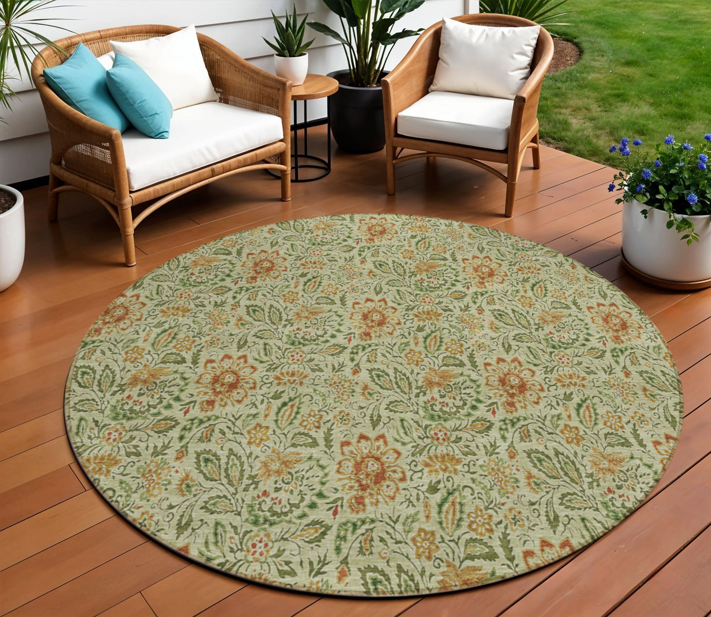 8' Green Copper And Sage Round Floral Washable Indoor Outdoor Area Rug