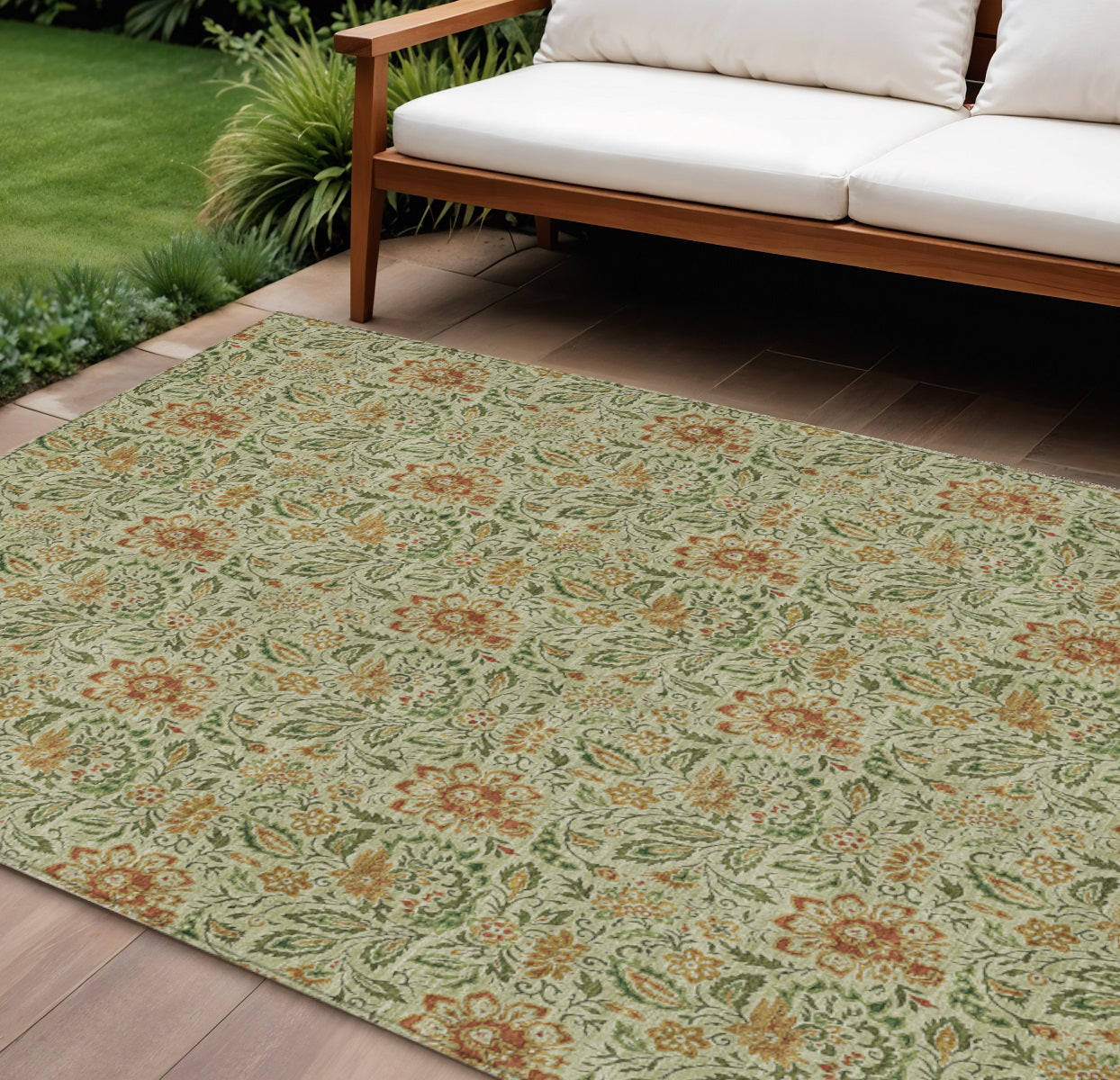 9' X 12' Green Copper And Sage Floral Washable Indoor Outdoor Area Rug