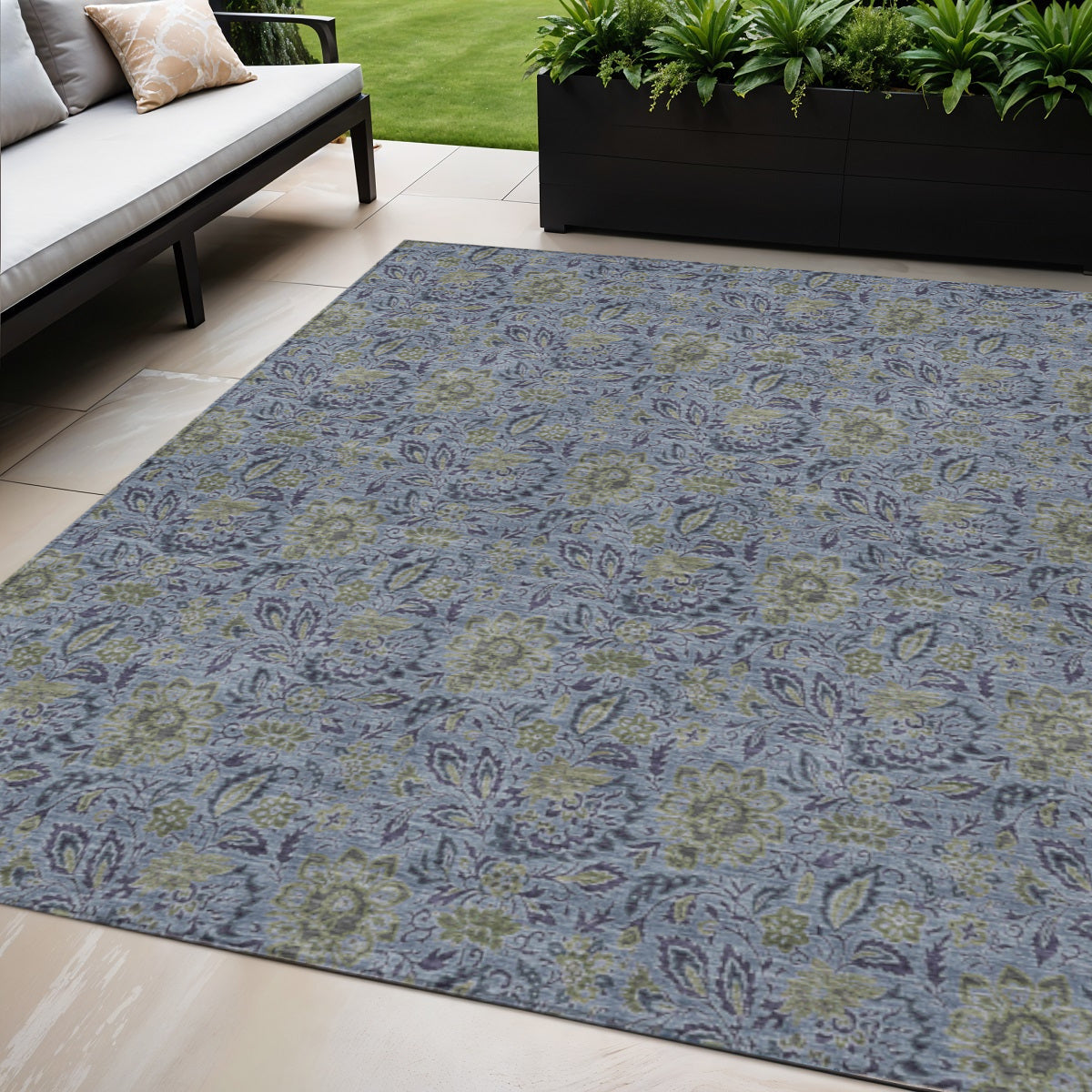 5' X 8' Denim Blue Navy Blue And Gray Floral Washable Indoor Outdoor Area Rug