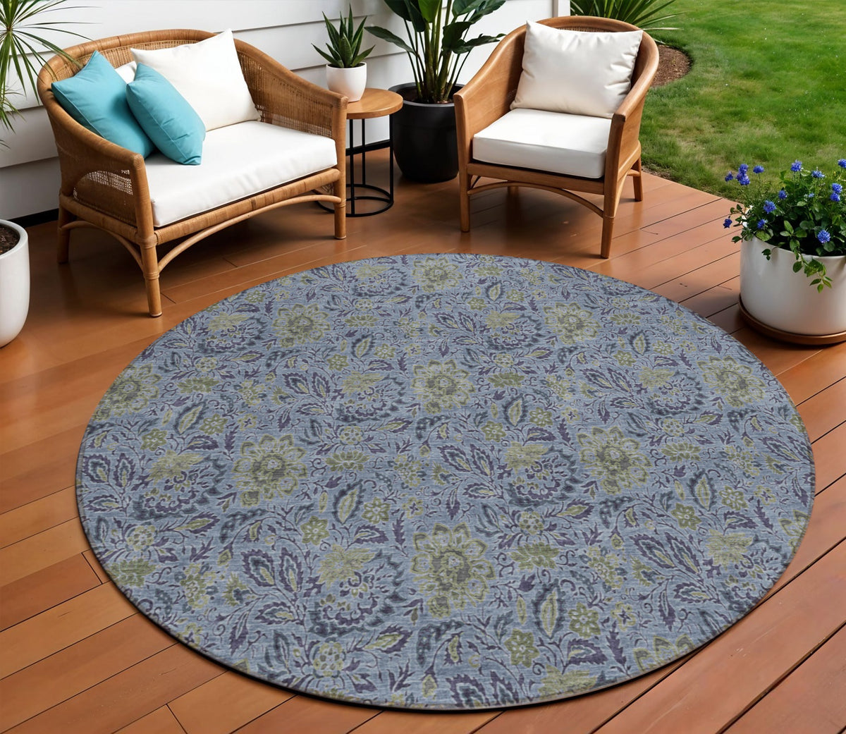 8' Denim Blue Navy Blue And Gray Round Floral Washable Indoor Outdoor Area Rug