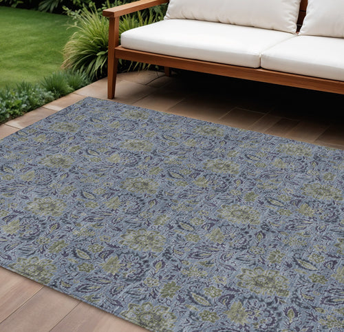 10' X 14' Denim Blue Navy Blue And Gray Floral Washable Indoor Outdoor Area Rug