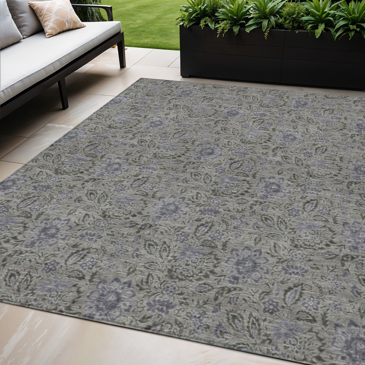 5' X 8' Khaki Taupe And Gray Floral Washable Indoor Outdoor Area Rug