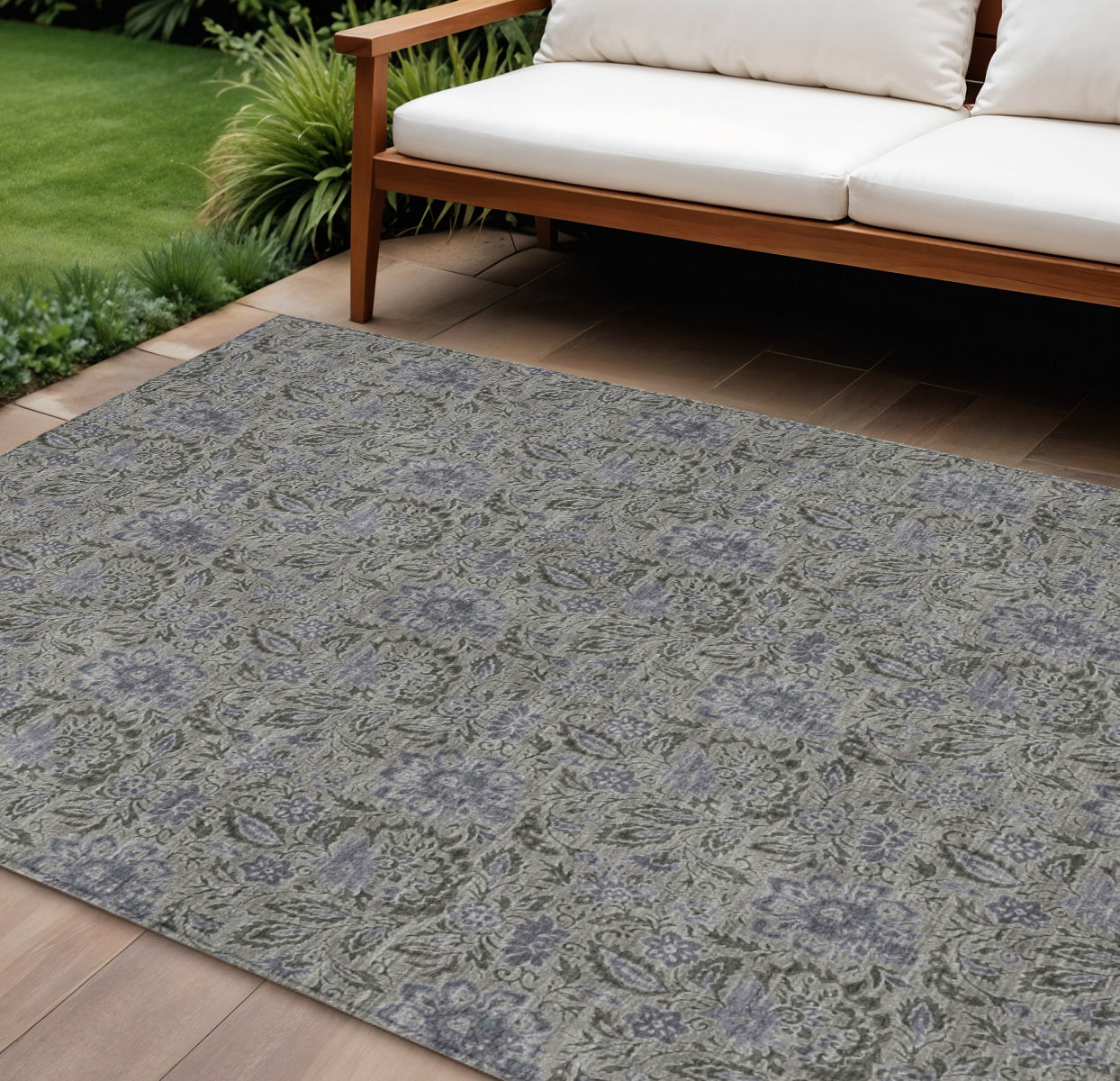 9' X 12' Khaki Taupe And Gray Floral Washable Indoor Outdoor Area Rug