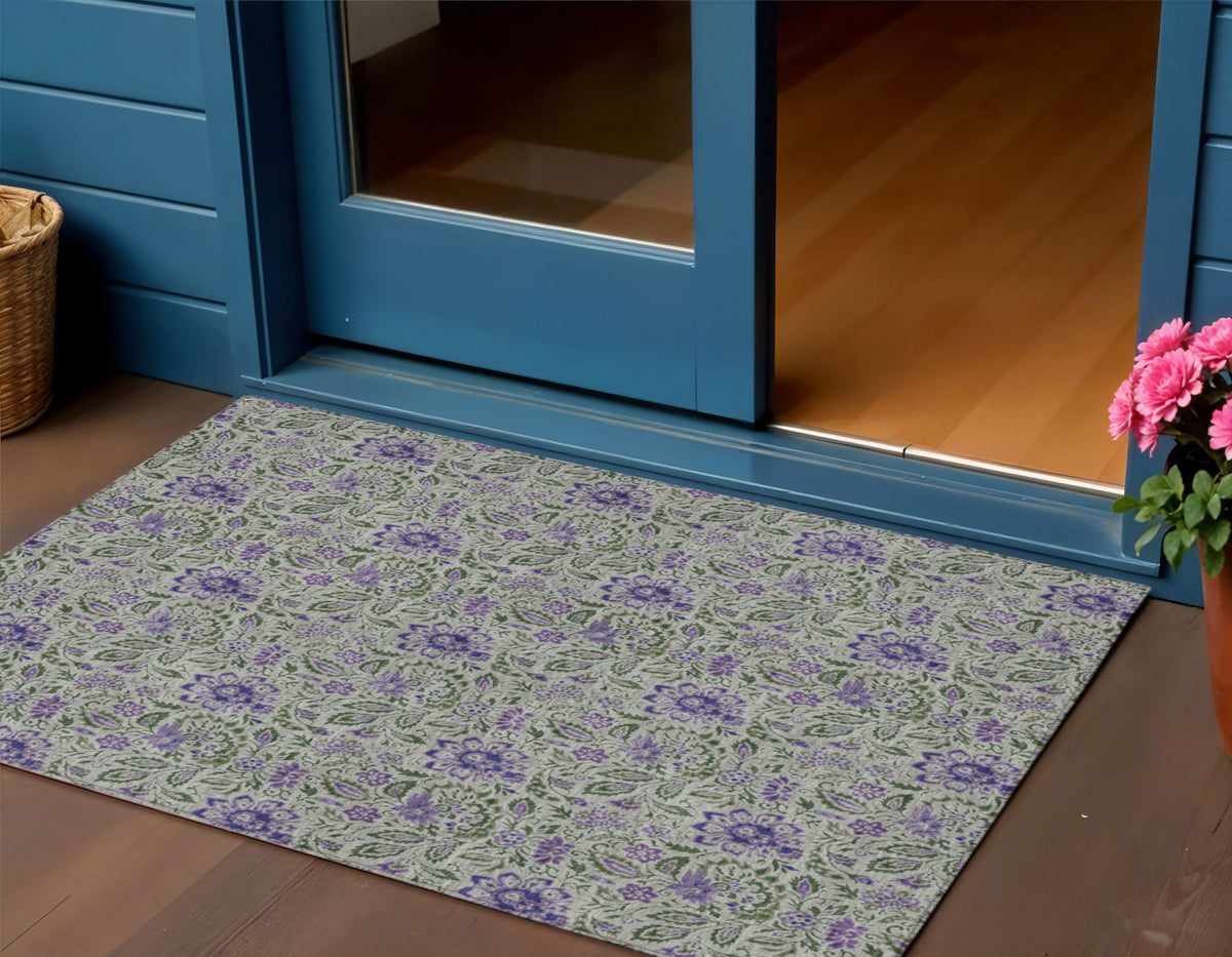 3' X 5' Olive Green Sage And Purple Floral Washable Indoor Outdoor Area Rug