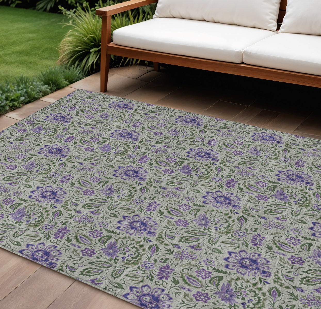 9' X 12' Olive Green Sage And Purple Floral Washable Indoor Outdoor Area Rug