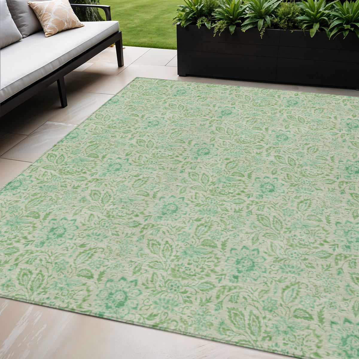 5' X 8' Sage And Artichoke Green Floral Washable Indoor Outdoor Area Rug