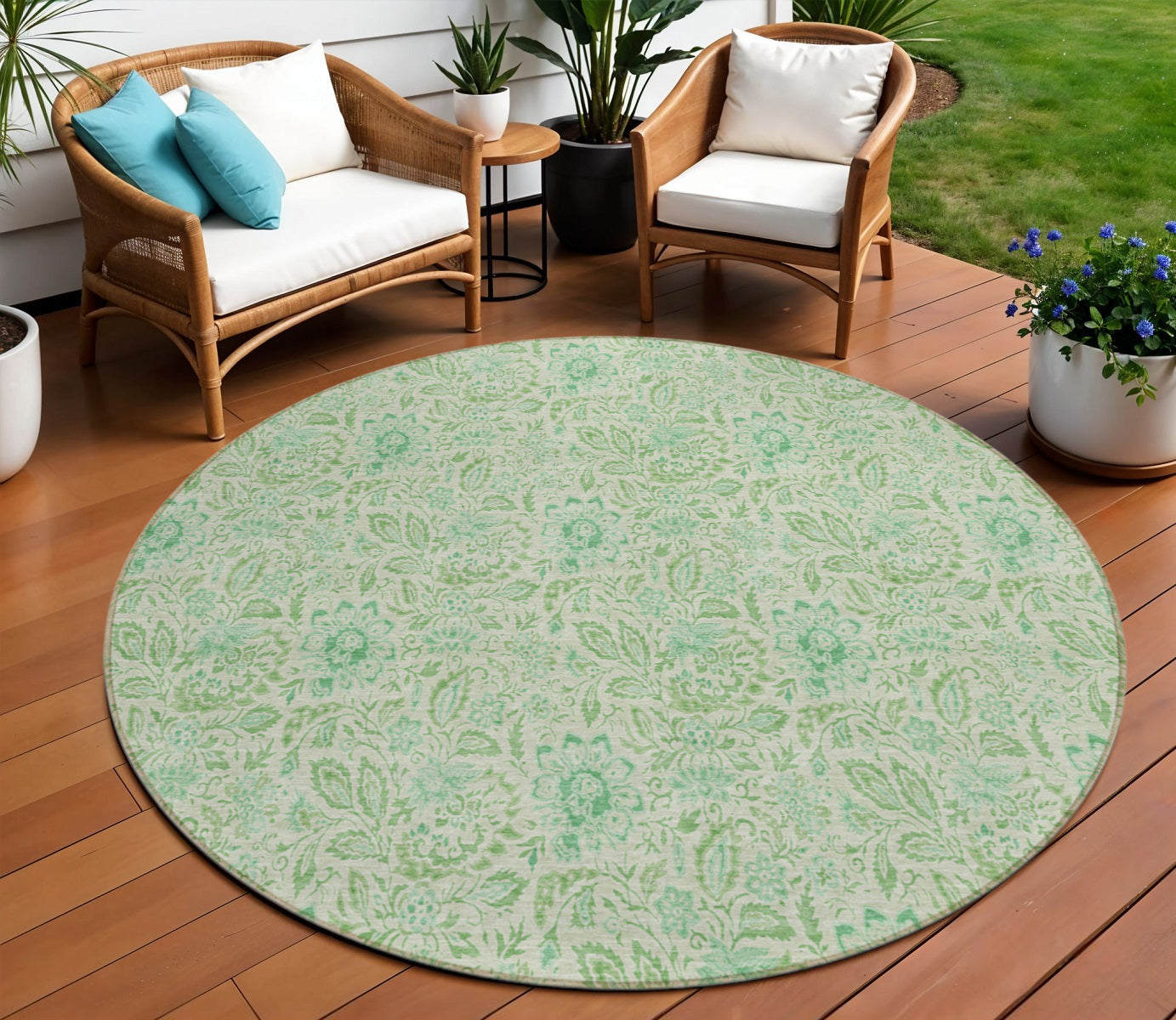 8' Sage And Artichoke Green Round Floral Washable Indoor Outdoor Area Rug