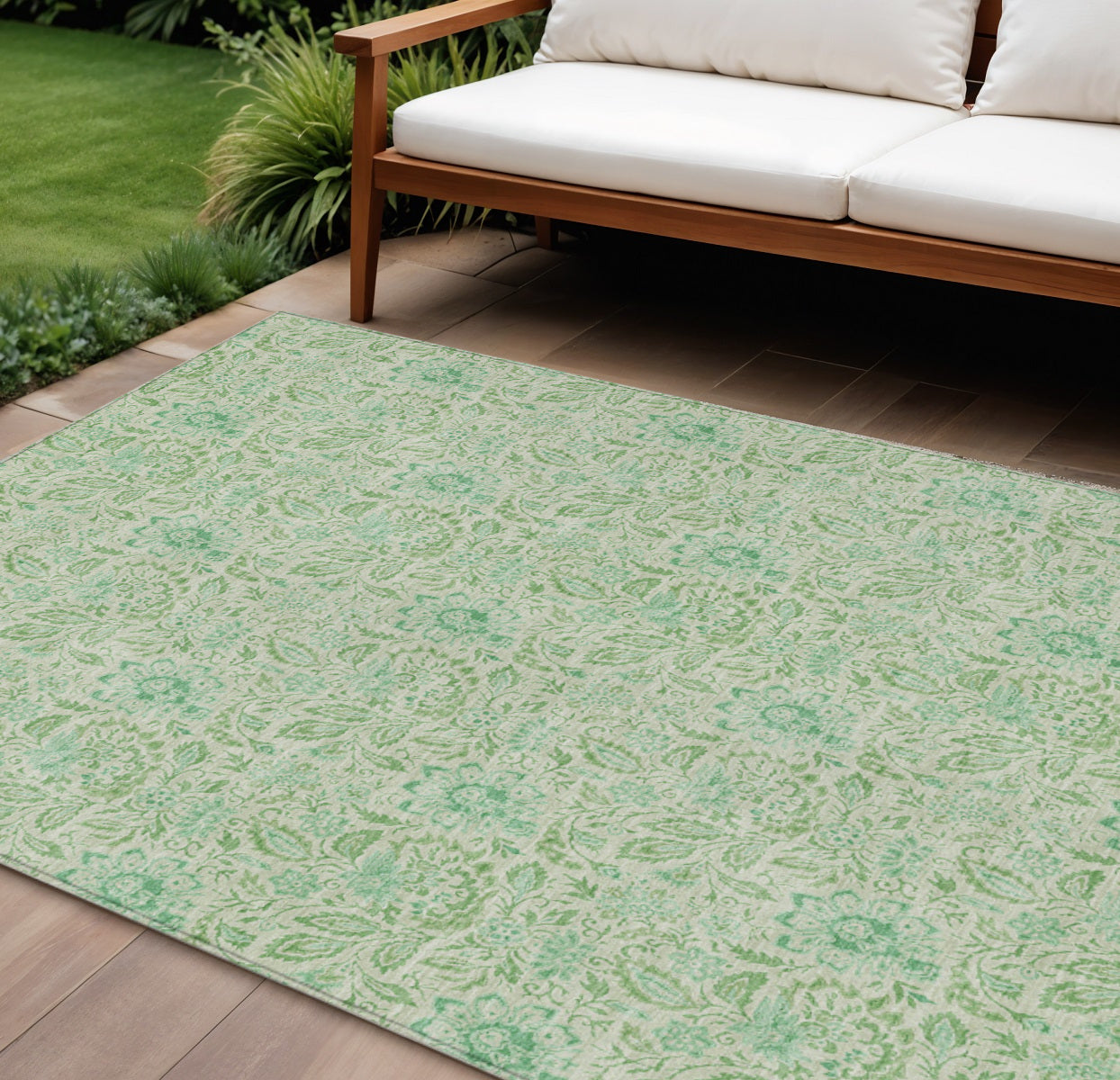 8' X 10' Sage And Artichoke Green Floral Washable Indoor Outdoor Area Rug