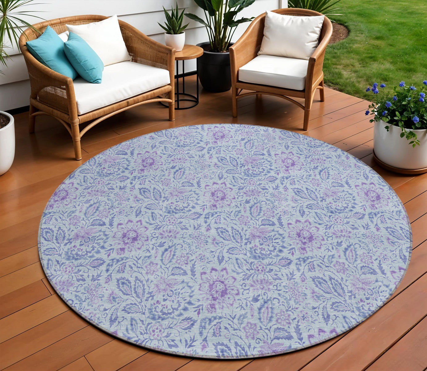 8' Sky Blue And Purple Round Floral Washable Indoor Outdoor Area Rug