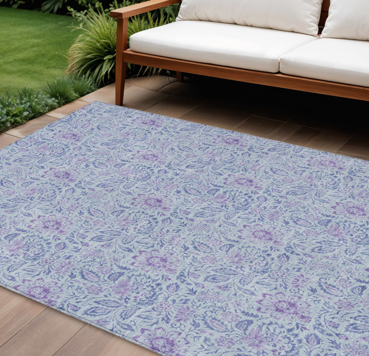 9' X 12' Sky Blue And Purple Floral Washable Indoor Outdoor Area Rug