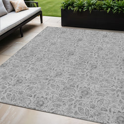 5' X 8' Silver Gray And Charcoal Floral Washable Indoor Outdoor Area Rug