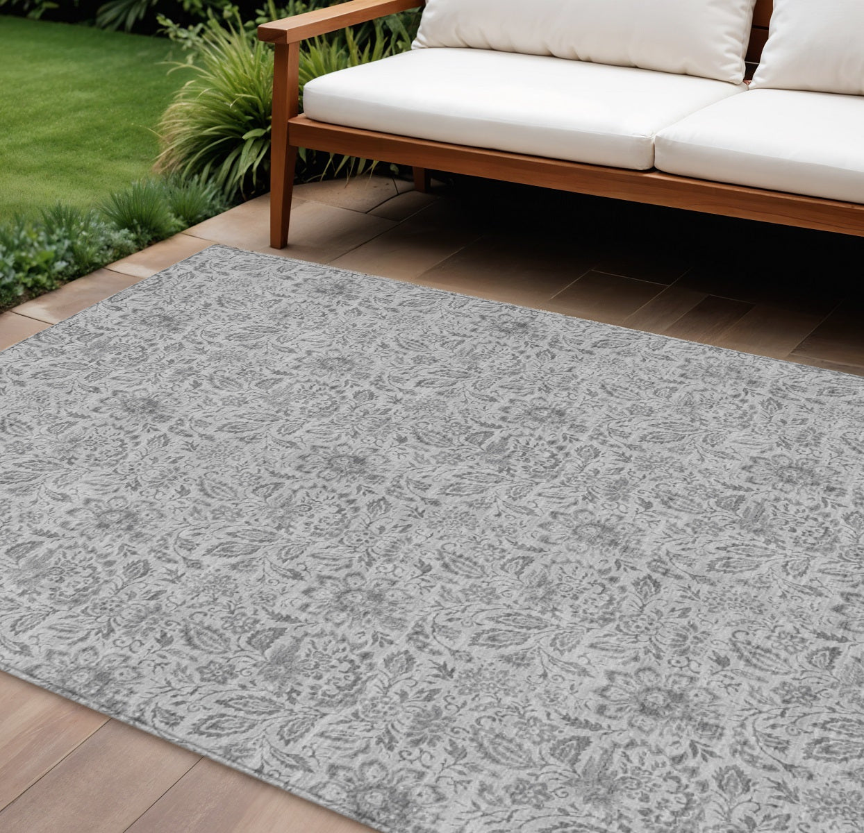 9' X 12' Silver Gray And Charcoal Floral Washable Indoor Outdoor Area Rug