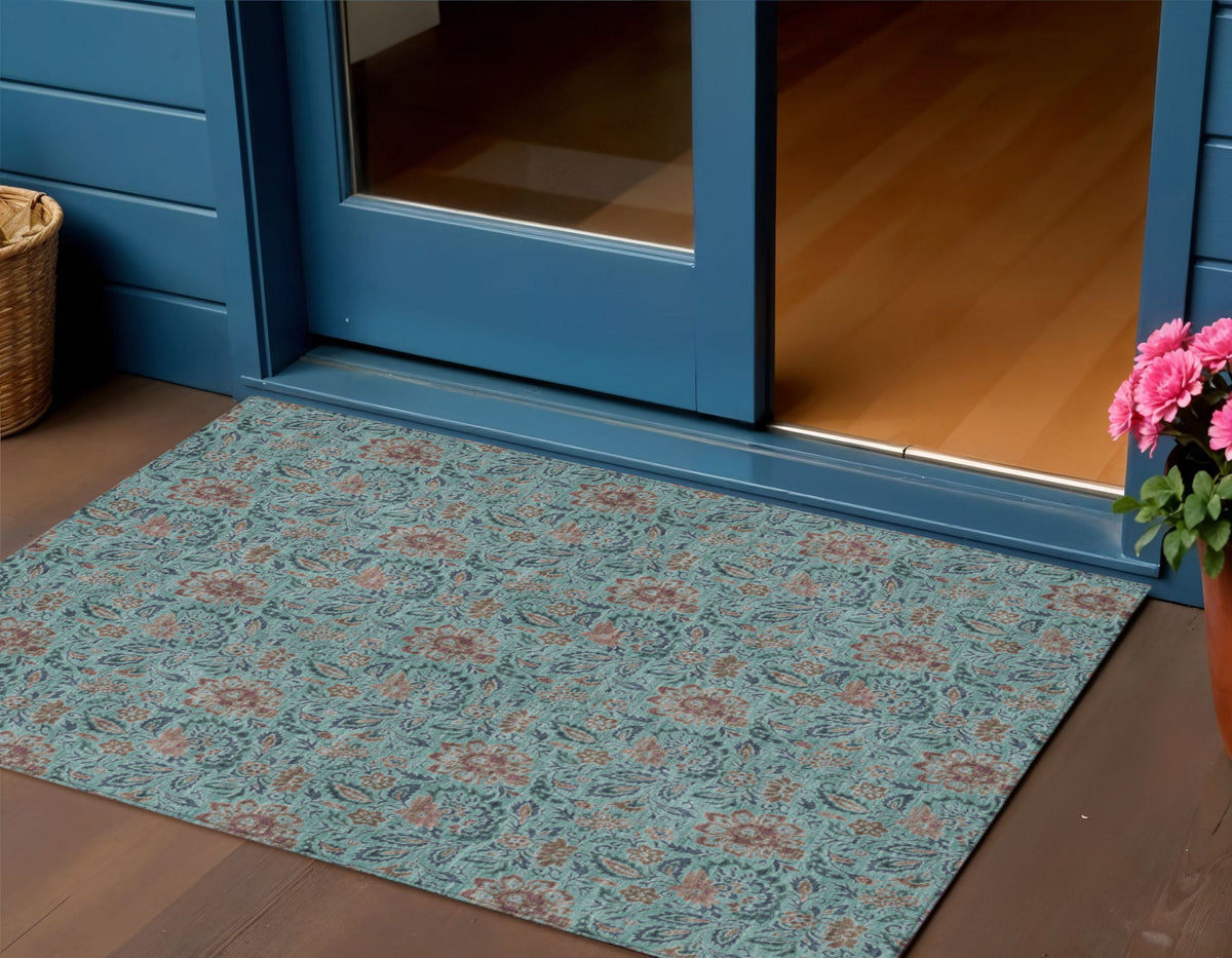 3' X 5' Teal Blue Brown And Taupe Floral Washable Indoor Outdoor Area Rug