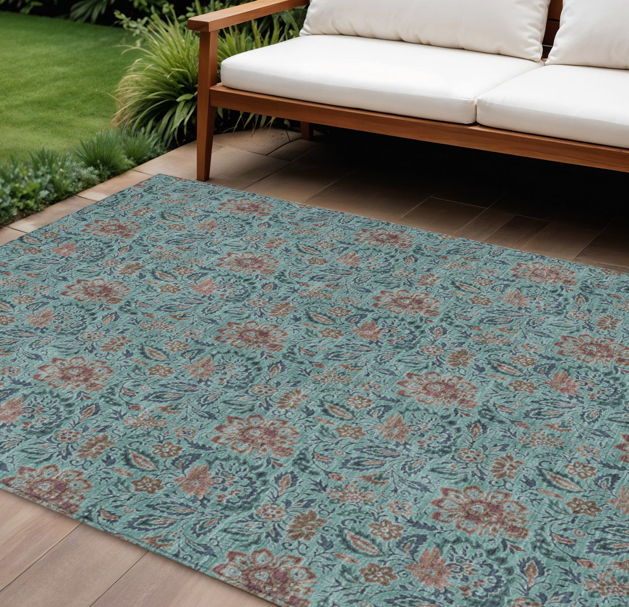 9' X 12' Teal Blue Brown And Taupe Floral Washable Indoor Outdoor Area Rug