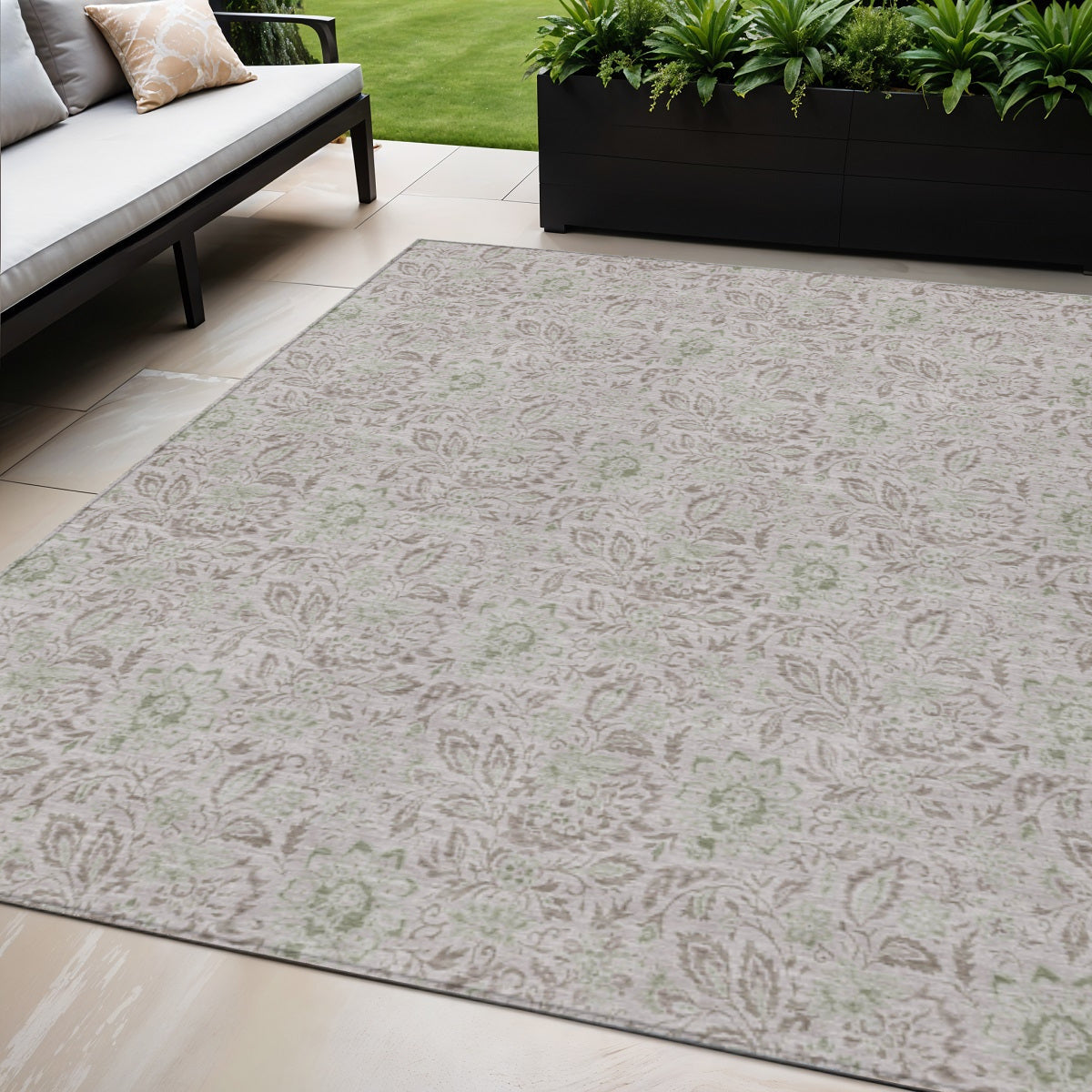 5' X 8' Taupe Beige And Brown Floral Washable Indoor Outdoor Area Rug
