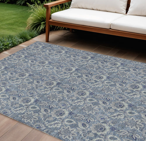 10' X 14' Denim Blue And Navy Blue Floral Washable Indoor Outdoor Area Rug