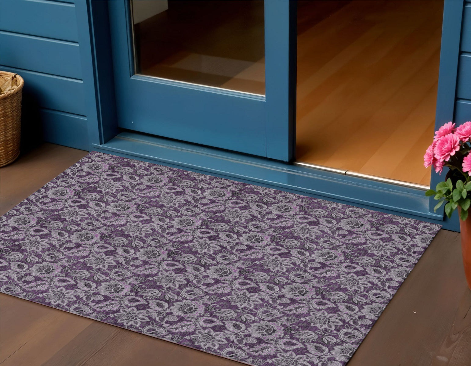 3' X 5' Eggplant Purple And Lilac Floral Washable Indoor Outdoor Area Rug