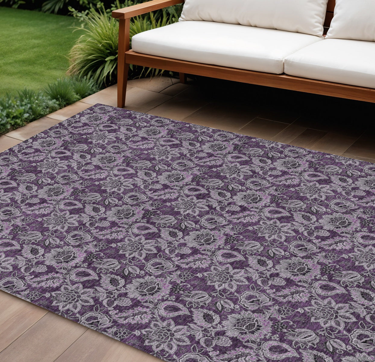 9' X 12' Eggplant Purple And Lilac Floral Washable Indoor Outdoor Area Rug