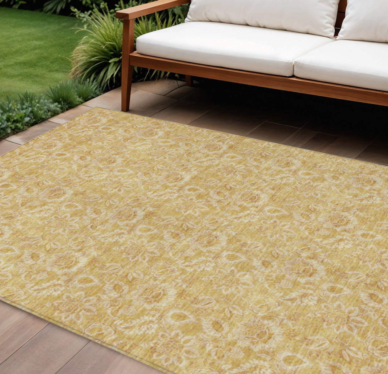 9' X 12' Gold And Wheat Floral Washable Indoor Outdoor Area Rug