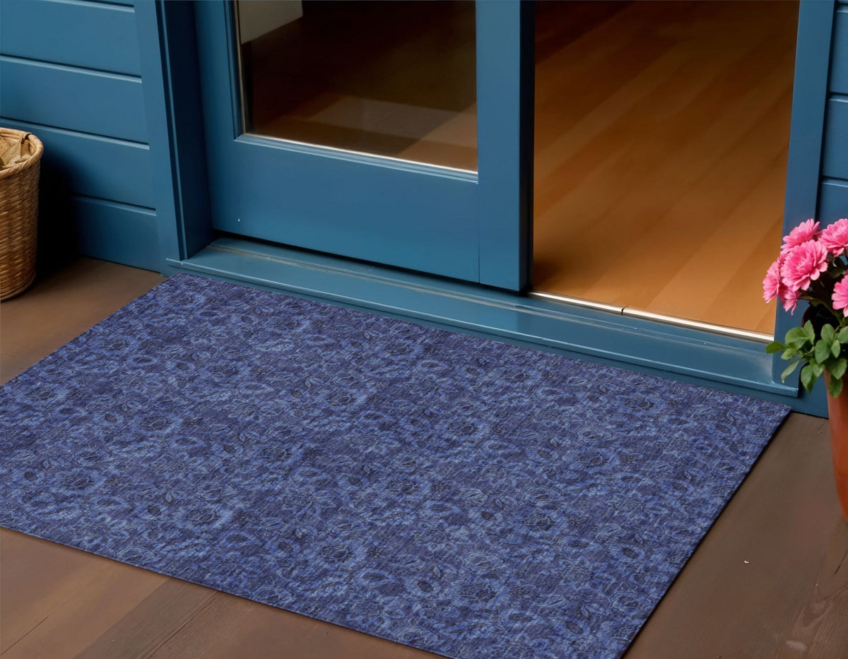 3' X 5' Navy Blue And Charcoal Floral Washable Indoor Outdoor Area Rug