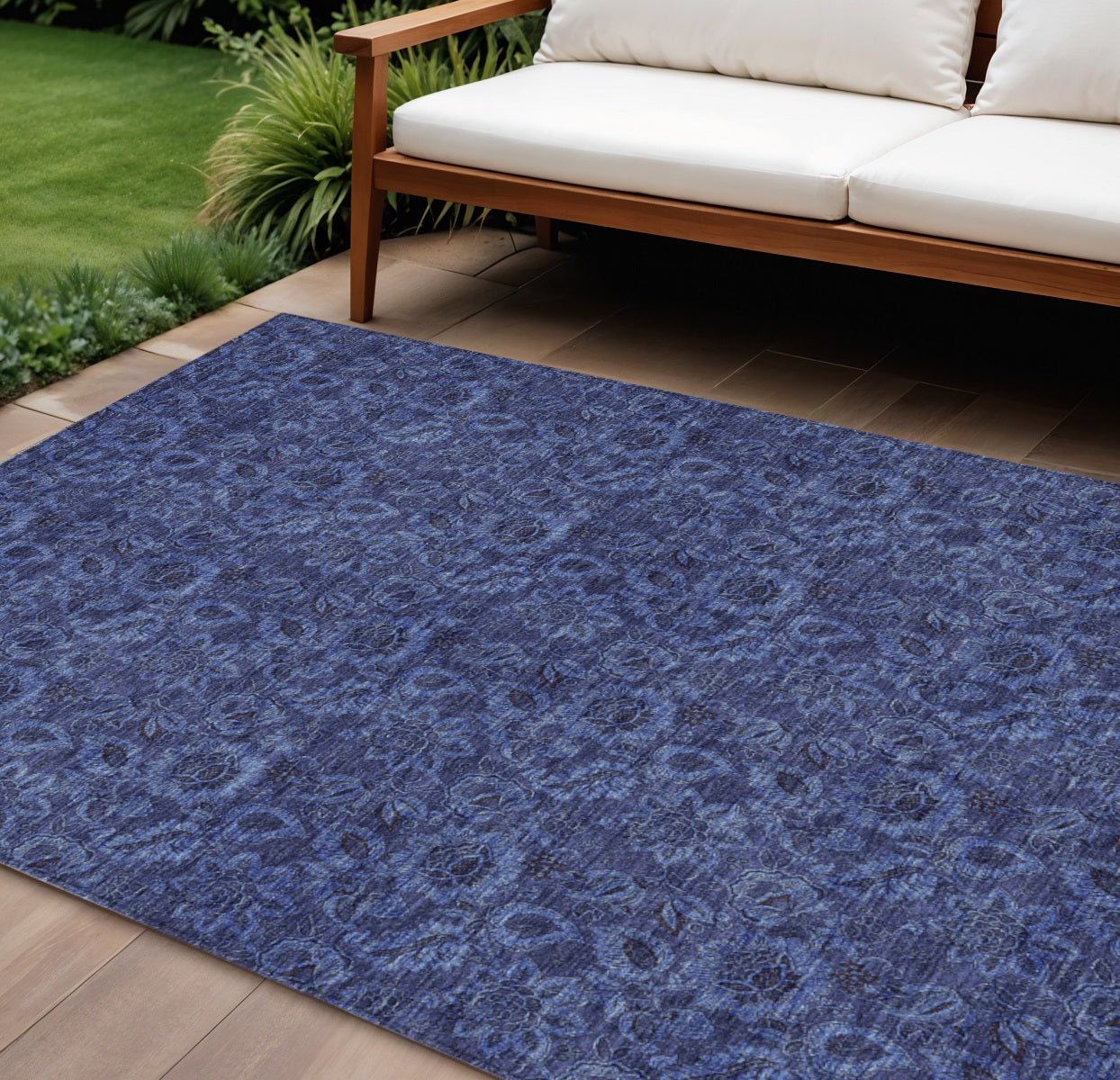 9' X 12' Navy Blue And Charcoal Floral Washable Indoor Outdoor Area Rug