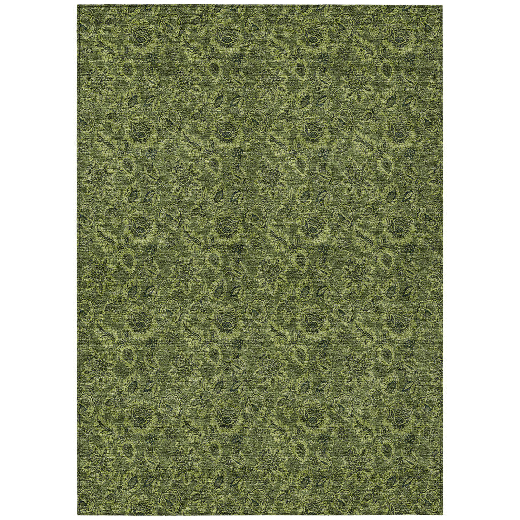 3' X 5' Olive Green And Fern Green Floral Washable Indoor Outdoor Area Rug