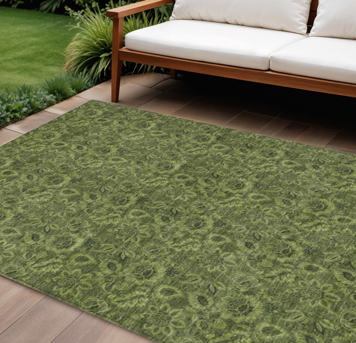 9' X 12' Olive Green And Fern Green Floral Washable Indoor Outdoor Area Rug