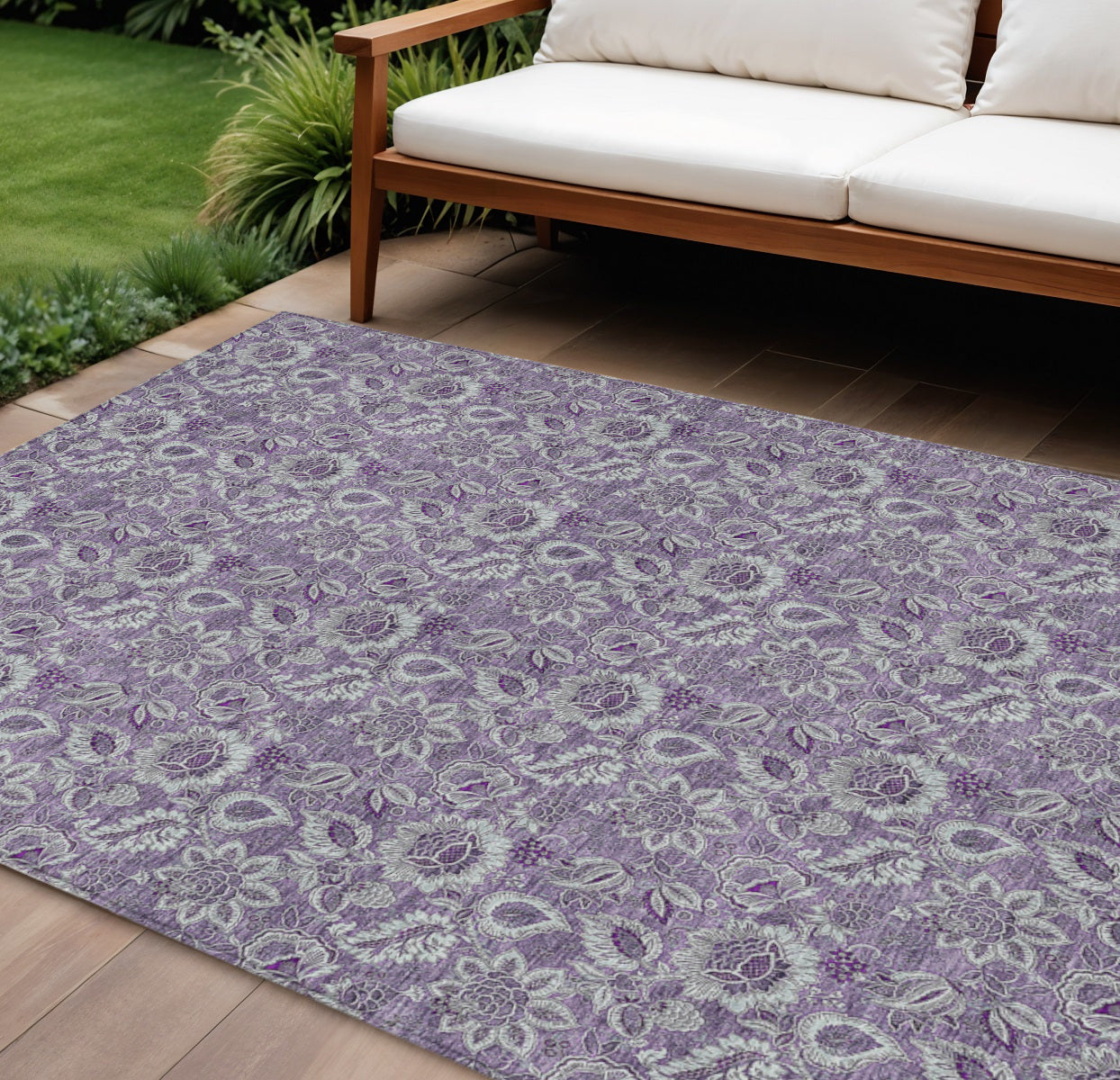 9' X 12' Purple Lilac And Lavender Floral Washable Indoor Outdoor Area Rug