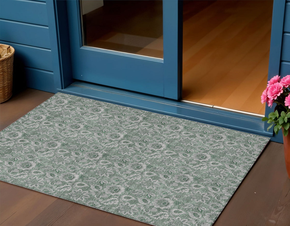 3' X 5' Sage Green And Silver Floral Washable Indoor Outdoor Area Rug
