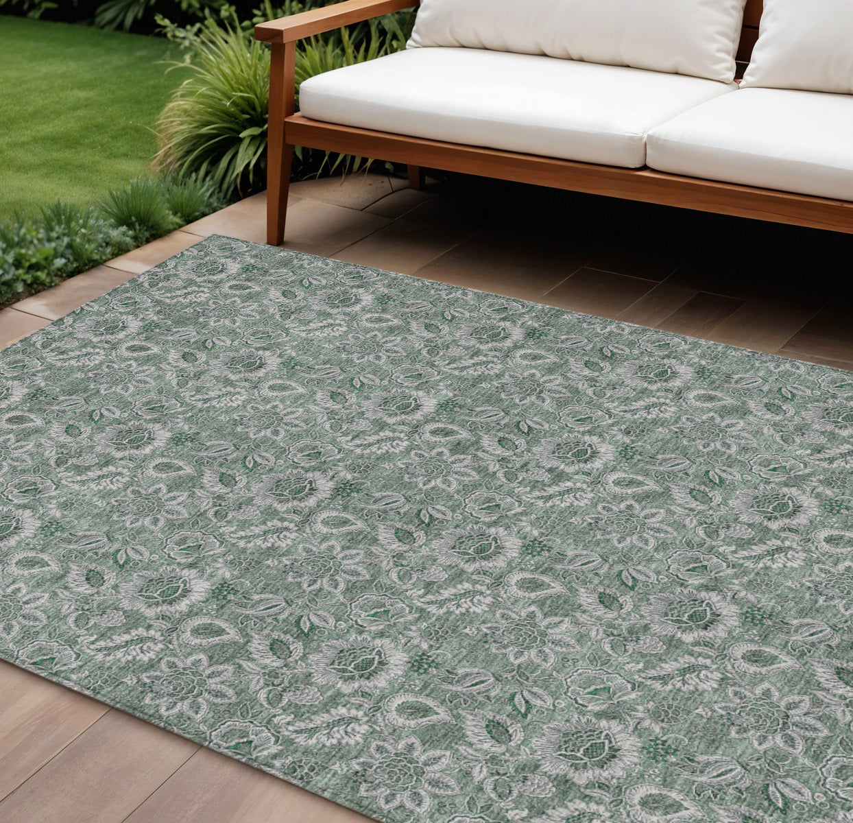 9' X 12' Sage Green And Silver Floral Washable Indoor Outdoor Area Rug