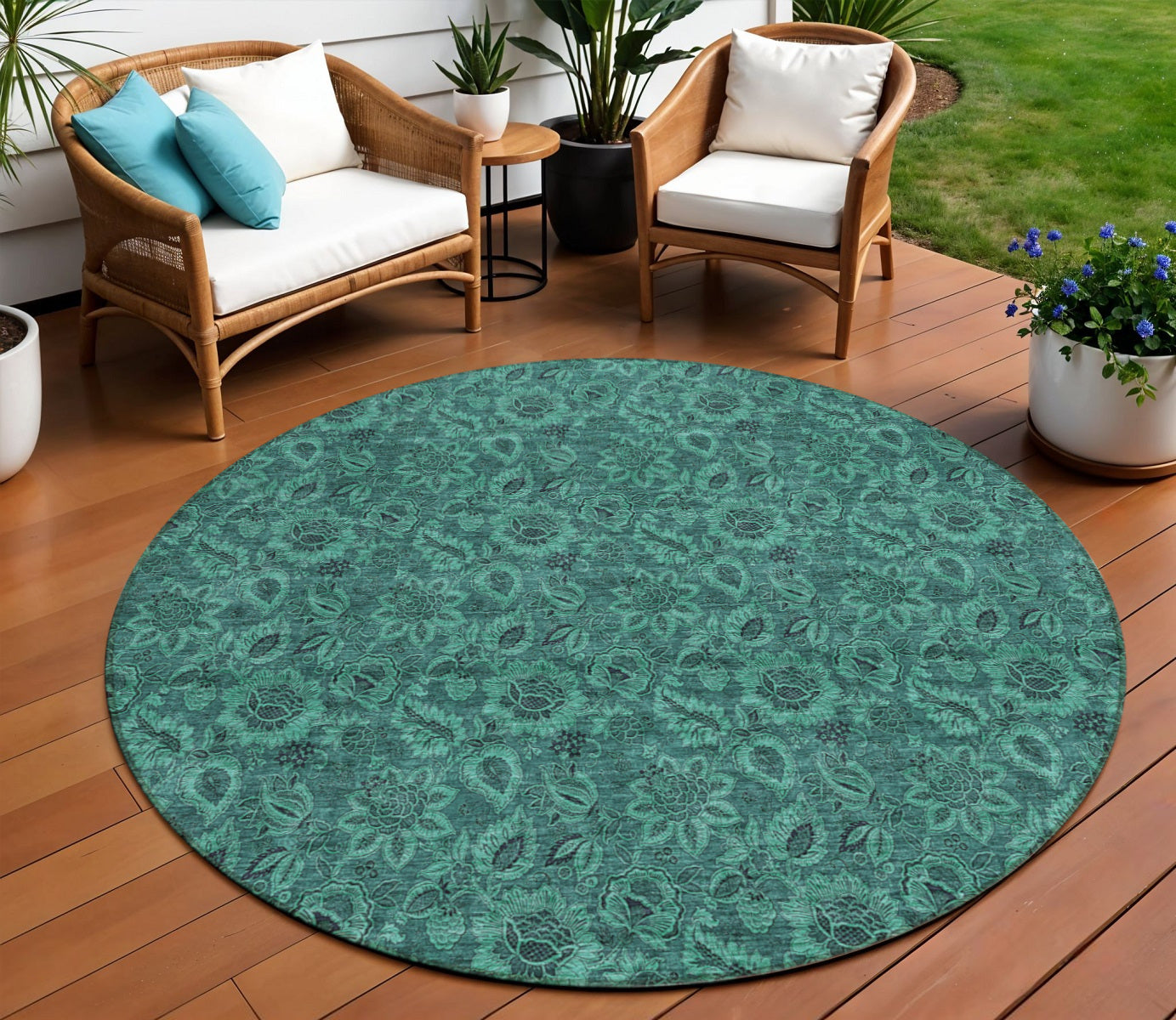 8' Teal Blue Green And Charcoal Round Floral Washable Indoor Outdoor Area Rug