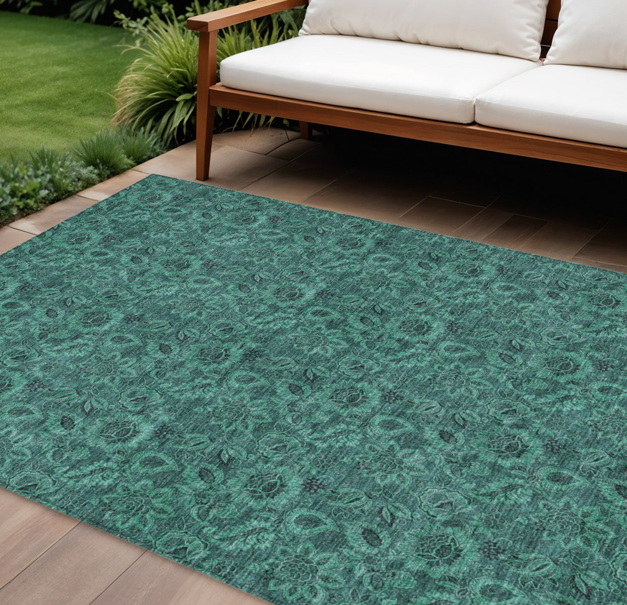 9' X 12' Teal Blue Green And Charcoal Floral Washable Indoor Outdoor Area Rug