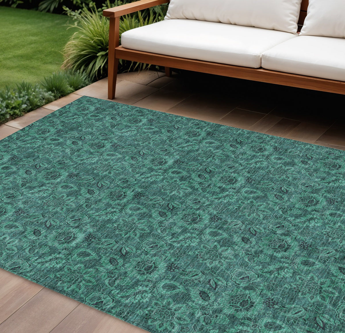 9' X 12' Teal Blue Green And Charcoal Floral Washable Indoor Outdoor Area Rug